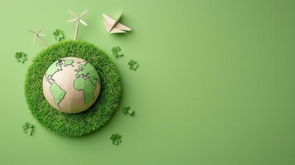 Fototapeta premium A minimalist and eco friendly conceptual artwork featuring a grass covered globe with wind turbines and solar panels symbolizing renewable energy sustainability and environmental protection