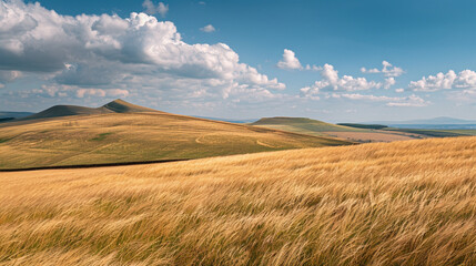 Fototapeta premium Golden Wheat Fields Swaying Under a Brilliant Blue Sky, Summer Breeze