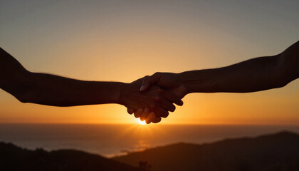 Silhouette of hands shaking at sunset over ocean, unity concept