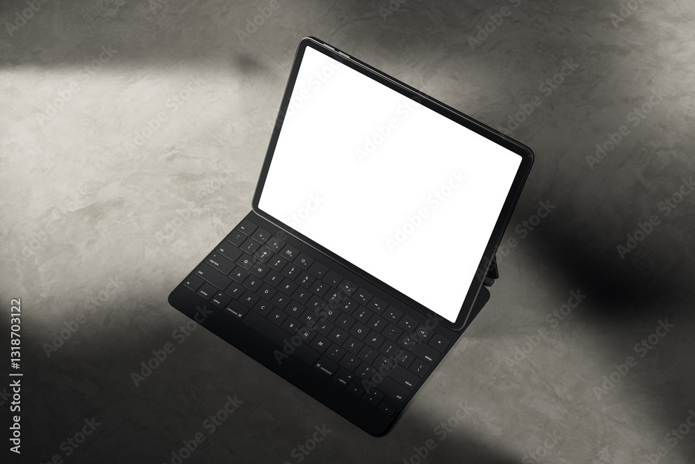 Poster Tablet with keyboard on a gray background. 3D Rendering. 3D Rendering