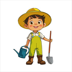 Illustration of a little child dressed as a gardener