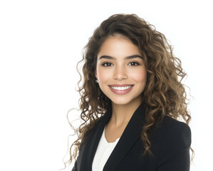 portrait of a American Latina female TV smiling business professional woman news presenter curly hair wearing dressed elegantly formal on a grey background AI Generate