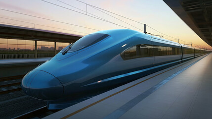 Sleek modern high-speed blue train at station during sunset