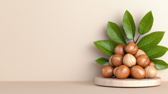 Macadamia Nuts with Green Leaves on Beige Background 3D Render