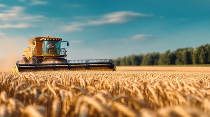 Obraz premium Yellow tractor is driving through a field of wheat. The sky is blue and the sun is shining