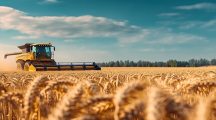 Fototapeta premium Yellow tractor is driving through a field of wheat. The sky is blue and the sun is shining