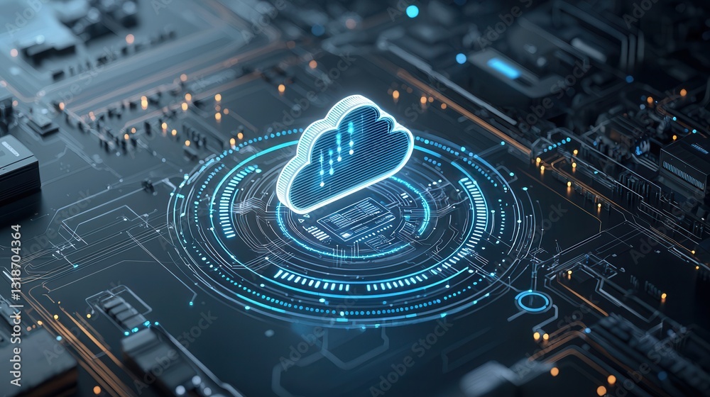 Poster sleek futuristic 3d rendered visualization of cloud based digital technologies and data analytics sh