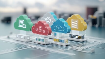 Sleek and modern 3D rendered concept of a multi cloud data storage and computing platform showcasing a digital infrastructure with cloud icons data servers and interactive user interface elements