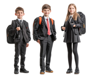 Two boys and one girl in school uniforms carrying backpack isolated on white background.