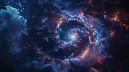 Majestic Cosmic Nebula, Swirling Deep Blue and Fiery Red Gas Clouds