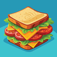 Sandwich with fresh lettuce, tomato, ham, and cheese. Vector cartoon illustration sandwich with cheese