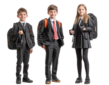 Two boys and one girl in school uniforms carrying backpack  isolated on white background.