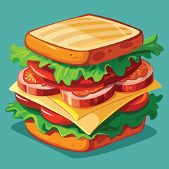 Sandwich with fresh lettuce, tomato, ham, and cheese. Vector cartoon illustration sandwich with cheese