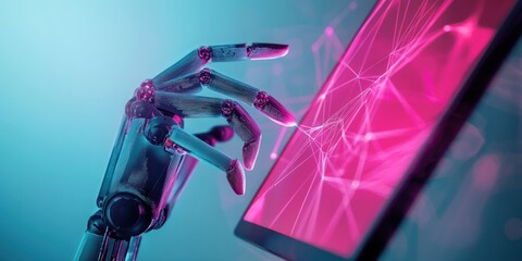 Futuristic robotic arm crafting digital art on touchscreen interface