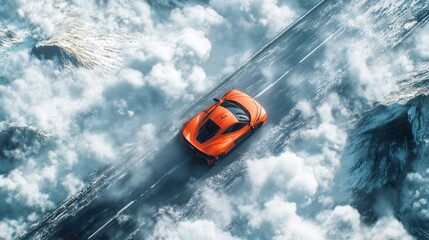 Orange sports car drifting on snowy mountain road