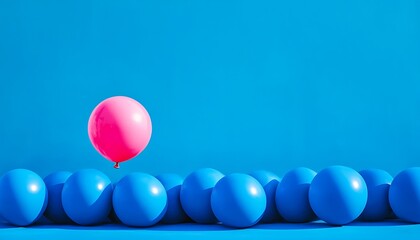 Naklejka premium Single pink balloon rising above blue balloons against a vibrant blue background ideal for celebrations and modern minimalist design concepts ,