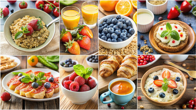 A fresh collage of healthy breakfast options, from smoothies to oatmeal and fruits.