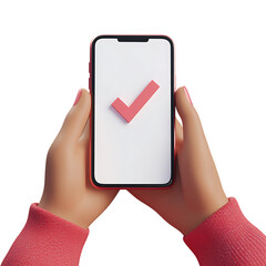 PNG 3D Rendered Hands Holding Smartphone with Check Mark Against Transparent Background