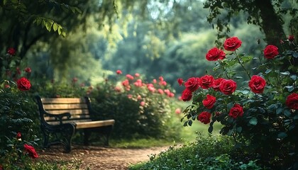 Obraz premium Vibrant red roses blooming in a serene park setting with a rustic bench surrounded by lush greenery and softly blurred background. ,