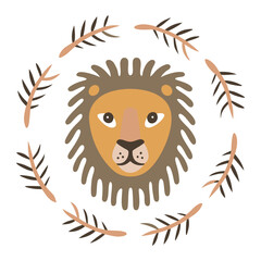 Cute Lion Head with Floral Wreath Illustration