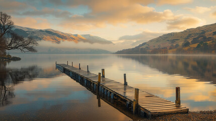 Serene Lake at Sunrise, Golden Hues Reflecting on Tranquil Waters