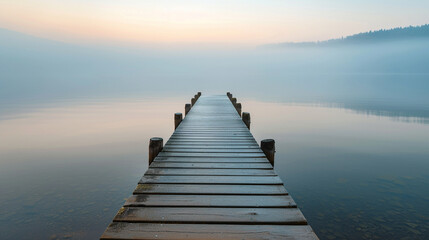 Obraz premium Misty Lake at Sunrise, Soft Golden Light Reflecting on Calm Water