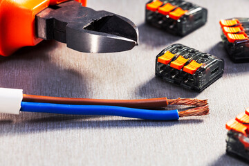  electrical terminal blocks, wiring connectors, electrical wire and tools. wirings concept.