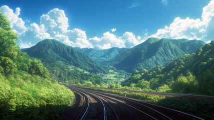 Serene mountain landscape with railway tracks under blue sky and fluffy clouds