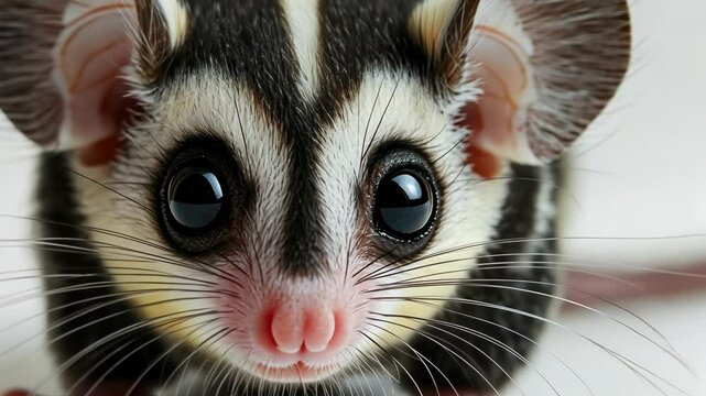 Cute sugar glider with large eyes looking curiously at the camera in a well-lit setting during midday