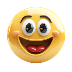 Naklejka premium A cheerful 3D rendering of a yellow face emoji showing a wide open mouth smile isolated on a stark white surface.