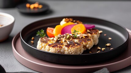 Grilled zucchini, peppers, cauliflower, mushrooms, carrots and broccoli. Healthy vegetarian cuisine.