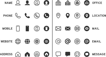 Vector set of business card icons. Contains icons name, phone, mobile, website, address, office, location, mail, email, message.