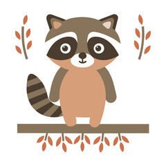 Cute Cartoon Raccoon Sitting on Branch Illustration