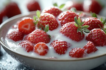 Bowl of Strawberries and Cream. Delicious strawberries covered in a creamy milk or cheese sauce