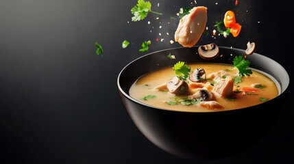 Stunning chicken tom kha soup mid air with floating ingredients and dramatic lighting backdrop