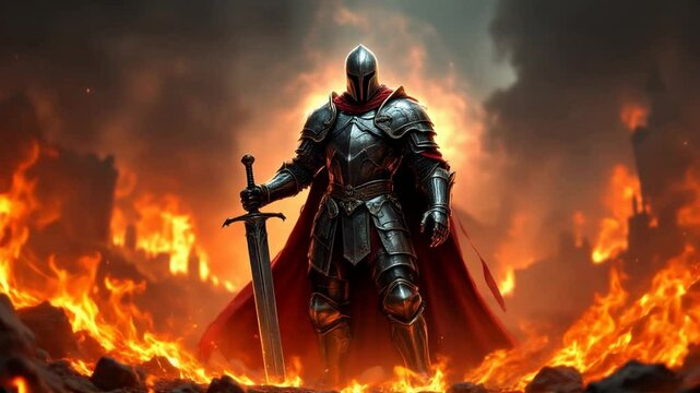 A highly detailed and dramatic illustration of a medieval knight standing boldly amidst roaring flames, gripping a massive sword.