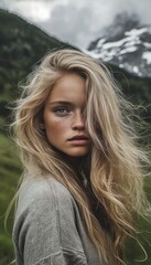Naklejka premium Adventurous young woman with freckles and blonde hair captured in stunning mountain landscape