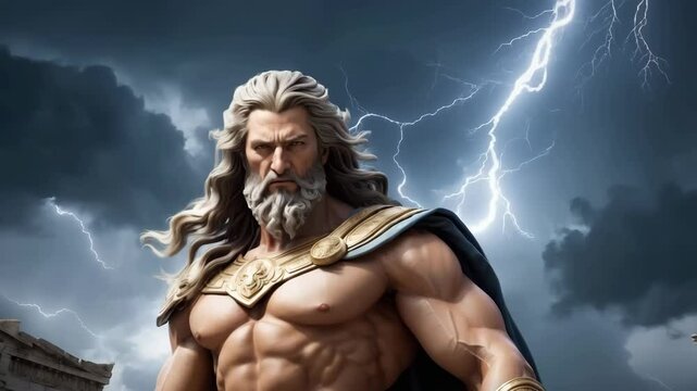 Zeus, the almighty ancient Greek king god of Olympus and god of thunder, surrounded by storm clouds and lightnings