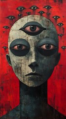 A striking surreal artwork featuring a figure with multiple eyes, symbolizing perception and consciousness, set against a vibrant red background.