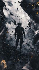 Obraz premium A lone astronaut stands amidst a dramatic landscape of rubble and smoke, evoking a sense of mystery and adventure in a sci-fi setting.