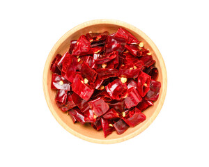 Dried red hot chili pepper slice in bowl isolated 