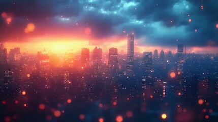 Fototapeta premium Dramatic city skyline at sunset, featuring vibrant colors and a moody atmosphere, with lights twinkling against a backdrop of clouds.