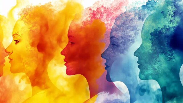Colorful silhouettes of diverse women celebrating unity and strength through art in an abstract style