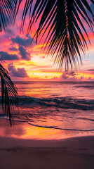 Vibrant Sunset Over Serene Beach with Silhouetted Palm Trees, A Scenic Escape