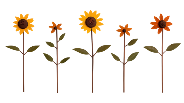 Five Stylized Sunflowers with Brown Stems on Transparent Background - Powered by Adobe
