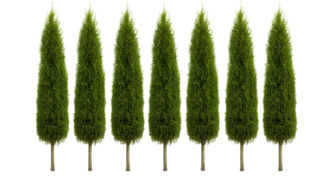 Seven Identical Lush Green Trees on Transparent Background
