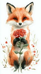 Fototapeta premium A charming watercolor illustration of a cute fox holding two red roses, surrounded by gentle foliage and hearts, perfect for nature lovers.