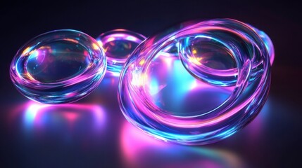 Futuristic digital wallpaper with glowing crystal render rings, transparent spheres, and colorful neon holographic lights