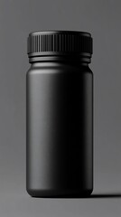 Black bottle with ridged cap on gray background, providing a minimalist aesthetic
