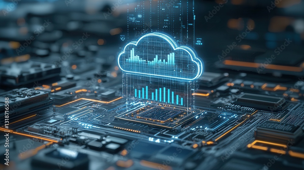 Poster futuristic 3d rendered scene depicting a cloud based digital analytics dashboard with charts graphs 